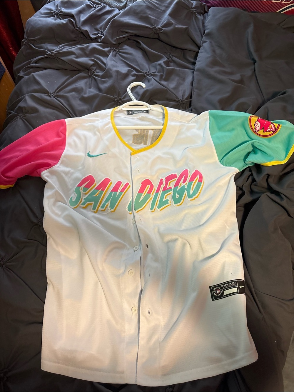 Nike Baseball Jersey with Pink & Teal Sleeves and Yellow Trim